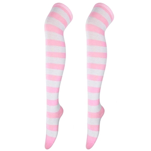 Pink and white striped over-the-knee knit socks for women in soft stretchy fabric