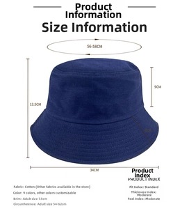 Detail view of navy blue cotton bucket hat with specific dimensions for custom embroidery