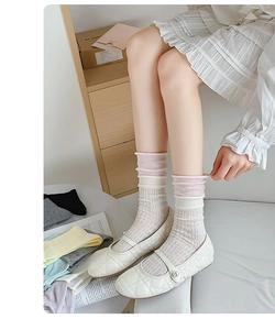 Detailed knit texture and vertical ribbing on colorful pastel crew length socks