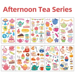 Detailed tea time theme waterproof temporary tattoo set with cupcakes and macarons