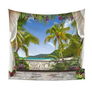 Detailed close-up of tropical beach scenery printed on soft polyester wall tapestry