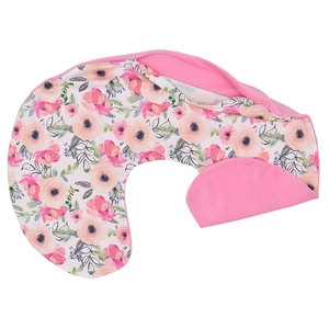 Detail of floral and pink nursing pillow cover with zipper for easy removal and cleaning