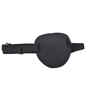 Detail view of black single eye patch for amblyopia with adjustable elastic strap and buckle