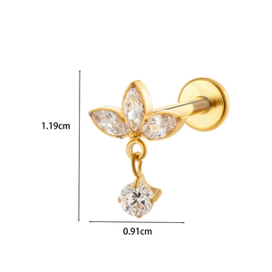 Macro shot of titanium leaf crown stud with measurements 1.19cm and 0.91cm