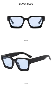 Square black sunglasses with light blue lenses shown in front and 45-degree side views