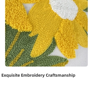 Macro shot of 3D sunflower embroidery detail showing fine textures and vibrant floral stitching