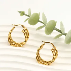 Twisted Hoop Earrings 18K Gold Plated Stainless Steel Minimalist French Vintage Ins Style For Women Geometric Round Jewelry
