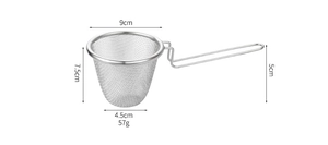 Detailed dimensions of 304 stainless steel mesh strainer showing 9cm top diameter and 57g weight