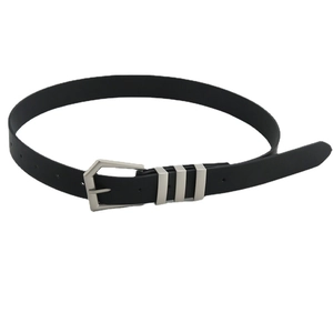 Women's black leather belt with unique silver geometric buckle and triple metal rings