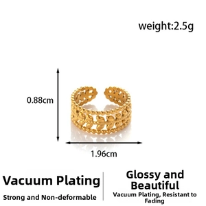 Detailed dimensions of gold leaf ring showing 0.88cm height and 2.5g weight metrics