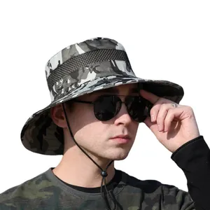 Men's camouflage bucket hat with wide brim, breathable mesh, and adjustable wind rope