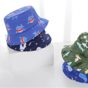 Cartoon shark baby sun hat set in bright blue and navy cotton for kids summer protection