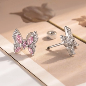 Boucles d'oreilles papillon en argent avec pierres marquises roses et fermoir à vis
