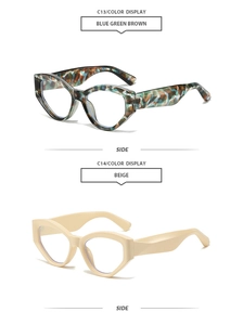 Side view detail of retro cat eye sunglasses in tortoiseshell and beige acetate frames