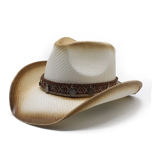 Western straw cowboy sun hat with vintage ethnic ribbon and decorative metal coins