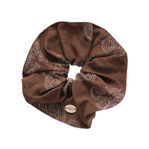 Dark brown paisley hair scrunchie with BOTAN charm and soft pleated fabric texture