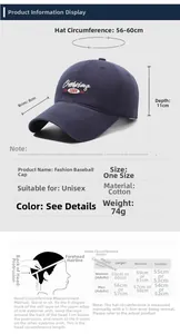Size guide for cotton embroidered baseball cap with detailed head circumference measurements