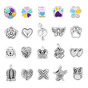 Selection of 20 DIY charm pendants with colorful enamel flowers and vintage silver motifs