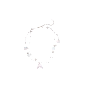 Elegant double-layered pearl necklace with iridescent shell and purple fishtail pendant