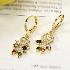 Gold-plated boy and girl drop earrings with colorful gemstones and pavé zircon stones
