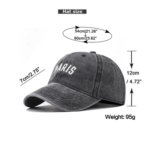 Detailed size guide of gray washed cotton baseball cap with Paris embroidery specs