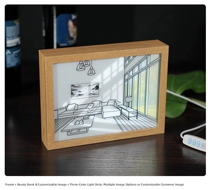 Detail of LED solid wood frame showing three-color lighting and minimalist line art decor