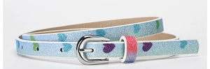 Detail of blue glitter PU belt with heart patterns and silver metal buckle for girls