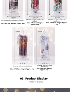 Detailed view of 18cm Christmas LED candle dimensions with five festive print designs