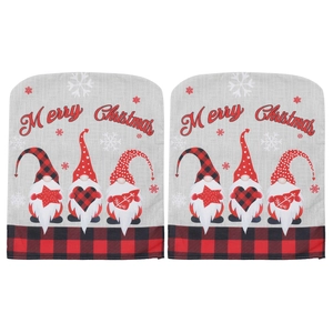 Pair of Christmas gnome chair covers with red plaid trim and Merry Christmas print