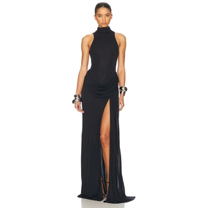 Detail of high neck sleeveless black dress with waist pleats and side leg slit
