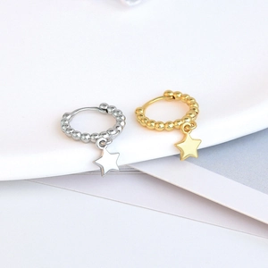 Minimalist S925 silver needle star hoop earrings in polished gold and silver finishes