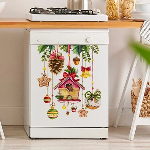 Festive Christmas dishwasher sticker featuring colorful birdhouse and pinecone illustrations