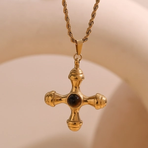 18K gold plated rudder pendant necklace with brown gemstone on a twist chain