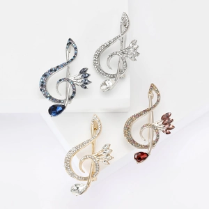 Treble Clef Brooch Alloy Rhinestone Inlaid Musical Note Vintage Suit Dress Accessory For Women Fashion Jewelry