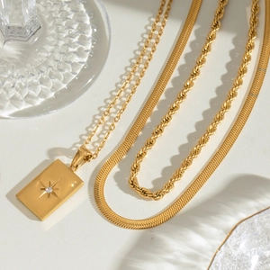 Gold layered stainless steel necklace set with star square pendant and rope chain jewelry