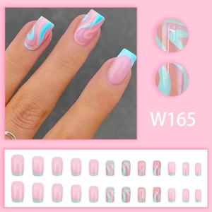 24pcs short square press-on nails with blue French marble swirl on soft pink base