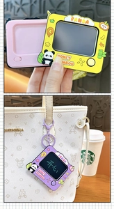 Mini panda LCD doodle board keychain toy with handwritten 'Happy' text for bag charm