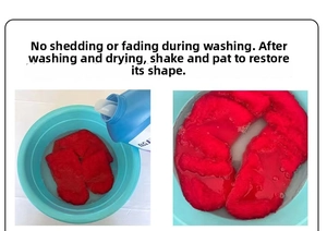 Dettaglio della sciarpa di peluche rossa lavata per mostrare solidità del colore