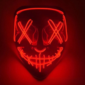 Detail of red EL wire glowing eye and stitched mouth design on Halloween horror mask