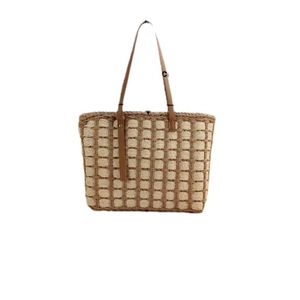 Large capacity contrast straw tote bag with brown PU leather straps for beach vacation
