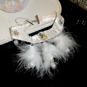 Detail of elegant choker with white velvet band, crystals, pearls and feather fringe