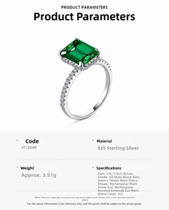 Detail showing 925 sterling silver ring with 4ct green emerald-cut zircon and 5A pave settings