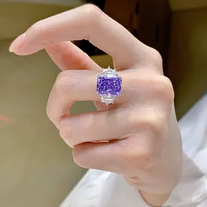 Elegant purple stone ring with ice flower cut and rectangular side diamonds for women