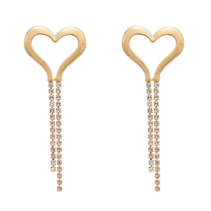 Elegant gold heart earrings with sparkling rhinestone tassels on a white background