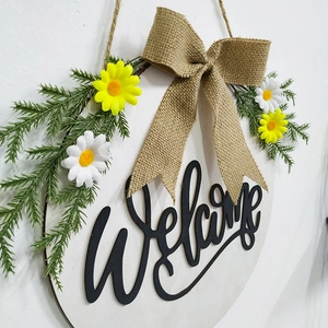 Easter decorative wooden Welcome sign with burlap bow and daisies for wall hanging decor