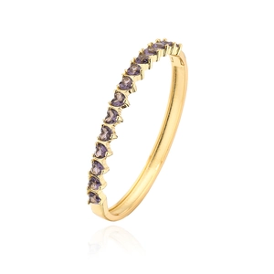 Detail view of 18K gold plated bangle featuring purple heart-shaped zircon stones