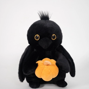 Plush black crow toy holding an orange pumpkin, cute Halloween stuffed animal gift