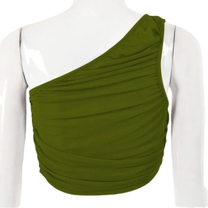 Green one-shoulder ruched crop top for women back view on white background