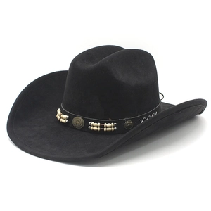 Classic black faux suede cowboy hat with ethnic beaded band and wide curved brim