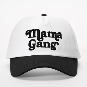 Classic Mama Gang embroidered two-tone black and white baseball cap with adjustable strap